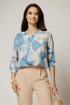 Bluza dama cu imprimeu bej si bleu si croiul lejer imagine