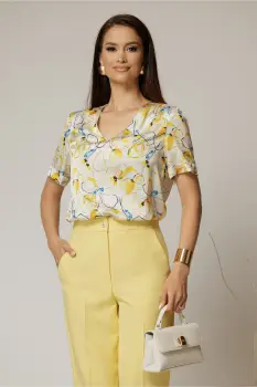 Bluza dama ivoar cu imprimeu galben si maneci scurte imagine
