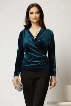 Bluza din catifea turcoaz cu bustul petrecut si nasture elegant imagine