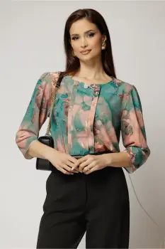 Bluza din triplu voal cu imprimeu verde oranj si pliuri imagine