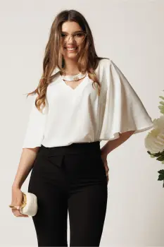 Bluza DY Fashion alba din voal vaporoasa cu aplicatie la decolteu imagine