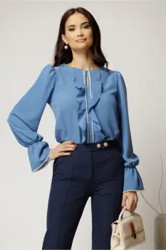 Bluza DY Fashion albastra cu volanase si perle elegante din voal plin imagine