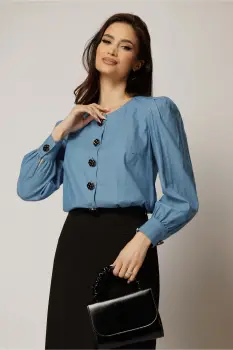 Bluza DY Fashion albastra din bumbac cu maneci lungi si nasturi eleganti imagine