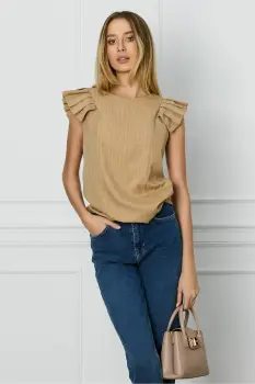 Bluza DY Fashion bej cu dungi si maneci plisate imagine