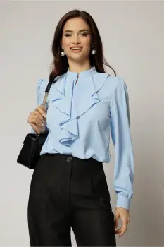 Bluza DY Fashion bleu cu volanas maxi la decolteu din voal plin imagine