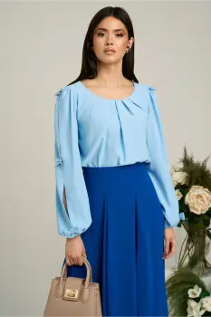 Bluza Dy Fashion bleu din voal plin cu maneci crapate si fundite imagine