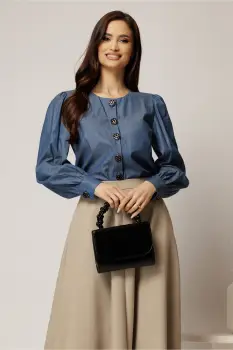 Bluza DY Fashion bleumarin din bumbac cu maneci lungi si nasturi eleganti imagine