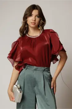 Bluza DY Fashion bordo din voal peliculizat cu maneci suprapuse imagine