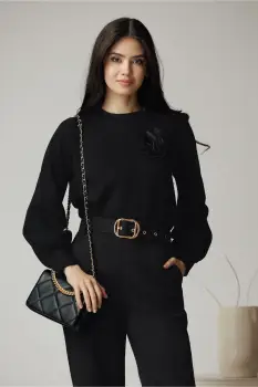 Bluza DY Fashion casual din jerse neagra cu floare din organza imagine