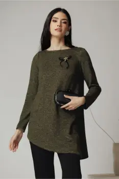 Bluza DY Fashion casual din tricot kaki cu lungime asimetrica imagine