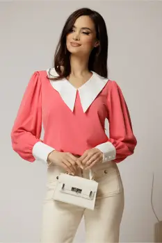 Bluza DY Fashion corai cu gulerul ascutitdin voal fluid imagine