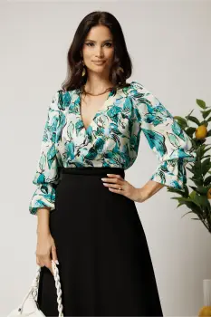 Bluza DY Fashion din satin ivory cu imprimeuri turcoaz si decolteu petrecut imagine