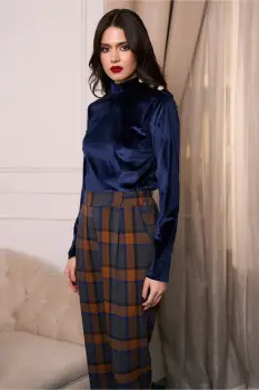 Bluza DY Fashion eleganta din catifea bleumarin cu nasturi pe umar imagine