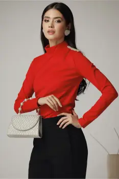 Bluza DY Fashion eleganta din lycra rosie cu fronseu si aplicatie pe umar imagine