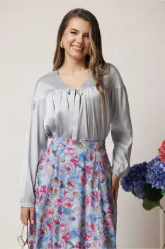 Bluza DY Fashion eleganta din satin gri cu funda si pliuri imagine