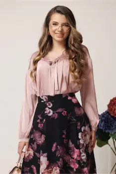 Bluza DY Fashion eleganta din satin roz cu funda si pliuri imagine