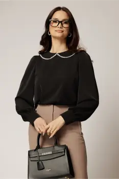 Bluza DY Fashion eleganta din triplu voal neagra cu detalii perlate la guler imagine