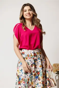 Bluza DY Fashion fucsia din voal cu perlute si maneci lalea imagine