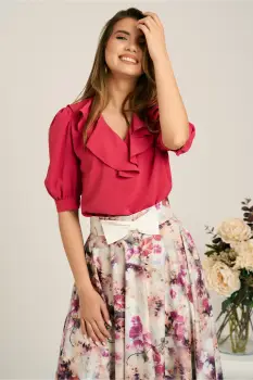 Bluza DY Fashion fucsia din voal cu volanas imagine