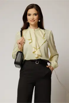 Bluza DY Fashion galbena cu volanas maxi la decolteu din voal plin imagine