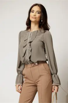 Bluza DY Fashion gri cu volanase si perle elegante din voal plin imagine