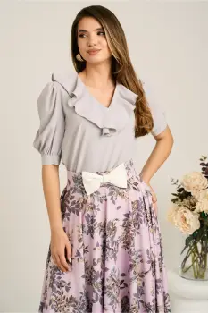 Bluza DY Fashion gri din voal cu volanas imagine