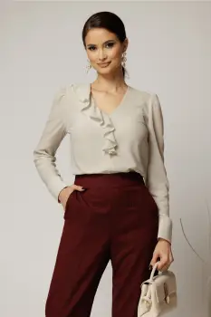 Bluza DY Fashion ivoar din voal plin cu decolteu in V si volanas imagine