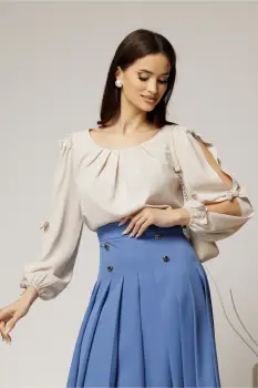 Bluza Dy Fashion ivoar din voal plin cu maneci crapate si fundite imagine