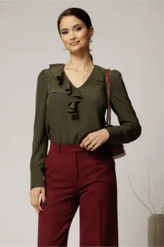 Bluza DY Fashion kaki din voal plin cu decolteu in V si volanas imagine