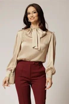 Bluza DY Fashion lejera bej din triplu voal cu guler tip esarfa imagine