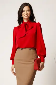 Bluza DY Fashion lejera rosie din triplu voal cu guler tip esarfa imagine