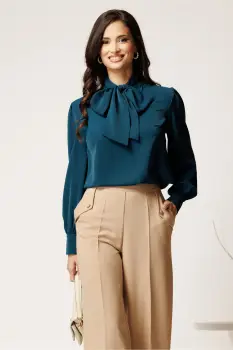 Bluza DY Fashion lejera turcoaz din triplu voal cu guler tip esarfa imagine