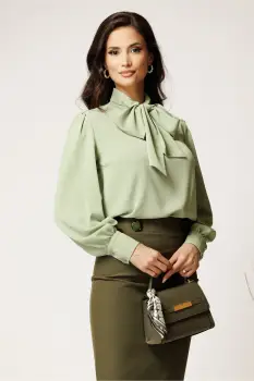 Bluza DY Fashion lejera verde mint din triplu voal cu guler tip esarfa imagine