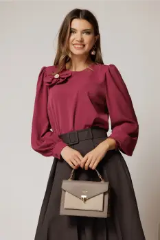 Bluza DY Fashion magenta cu maneci bufante si floare cu perla la bust imagine