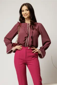 Bluza DY Fashion mov pruna cu volanase si perle elegante din voal plin imagine