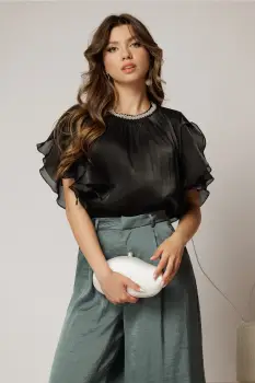 Bluza DY Fashion neagra din voal peliculizat cu maneci suprapuse imagine