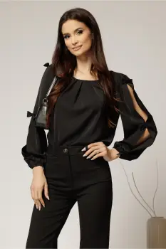 Bluza Dy Fashion neagra din voal plin cu maneci crapate si fundite imagine
