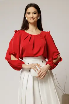 Bluza Dy Fashion rosie din voal plin cu maneci crapate si fundite imagine