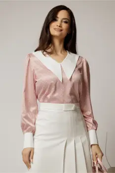 Bluza DY Fashion roz cu buline cu gulerul ascutit din satin imagine