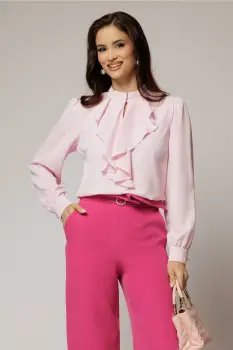 Bluza DY Fashion roz cu volanas maxi la decolteu din voal plin imagine