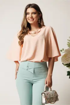 Bluza DY Fashion somon din voal vaporoasa cu aplicatie la decolteu imagine