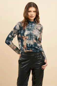 Bluza DY Fashion verde cu imprimeuri din tricot cu guler imagine