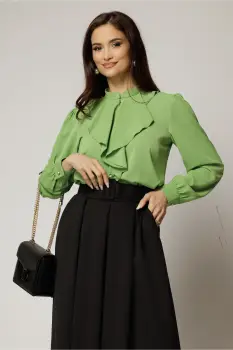 Bluza DY Fashion verde fistic cu volanas maxi la decolteu din voal plin imagine