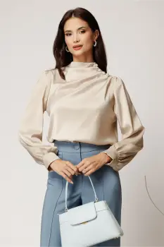 Bluza eleganta din satin bej cu perle si pliuri pe umar imagine