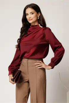 Bluza eleganta din satin bordo cu perle si pliuri pe umar imagine
