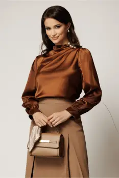 Bluza eleganta din satin maro cu perle si pliuri pe umar imagine