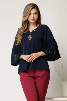 Bluza eleganta din viscoza bleumarin cu broderie traditionala imagine