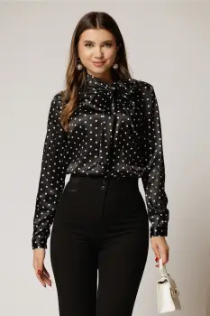 Bluza eleganta neagra cu buline caramizii din satin imagine