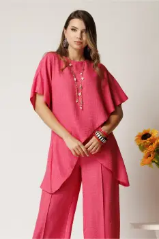 Bluza fucsia din viscoza cu croi lejer si aspect petrecut asimetric imagine