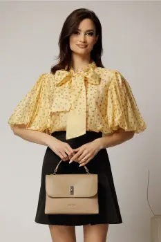 Bluza galbena cu buline din tencel cu maneci bufante si guler funda imagine